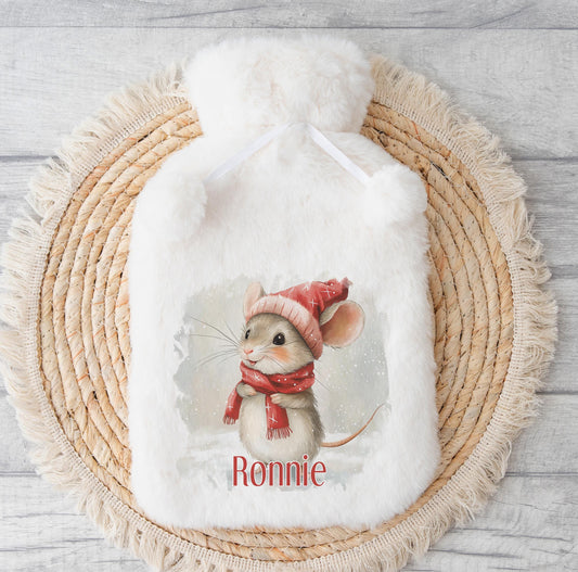 Personalised Hot Water Bottle – Cute Mouse Christmas Gift – Fluffy, Cozy Winter - No thanks