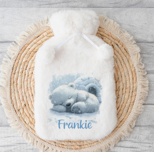 Personalised Hot Water Bottle – Cute Polar Bear Xmas Gift – 2 Litre Fluffy Warmer - No thanks