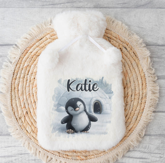 Personalised Hot Water Bottle – Fluffy Penguin Christmas Gift – Custom Warm Winter Accessory - No thanks