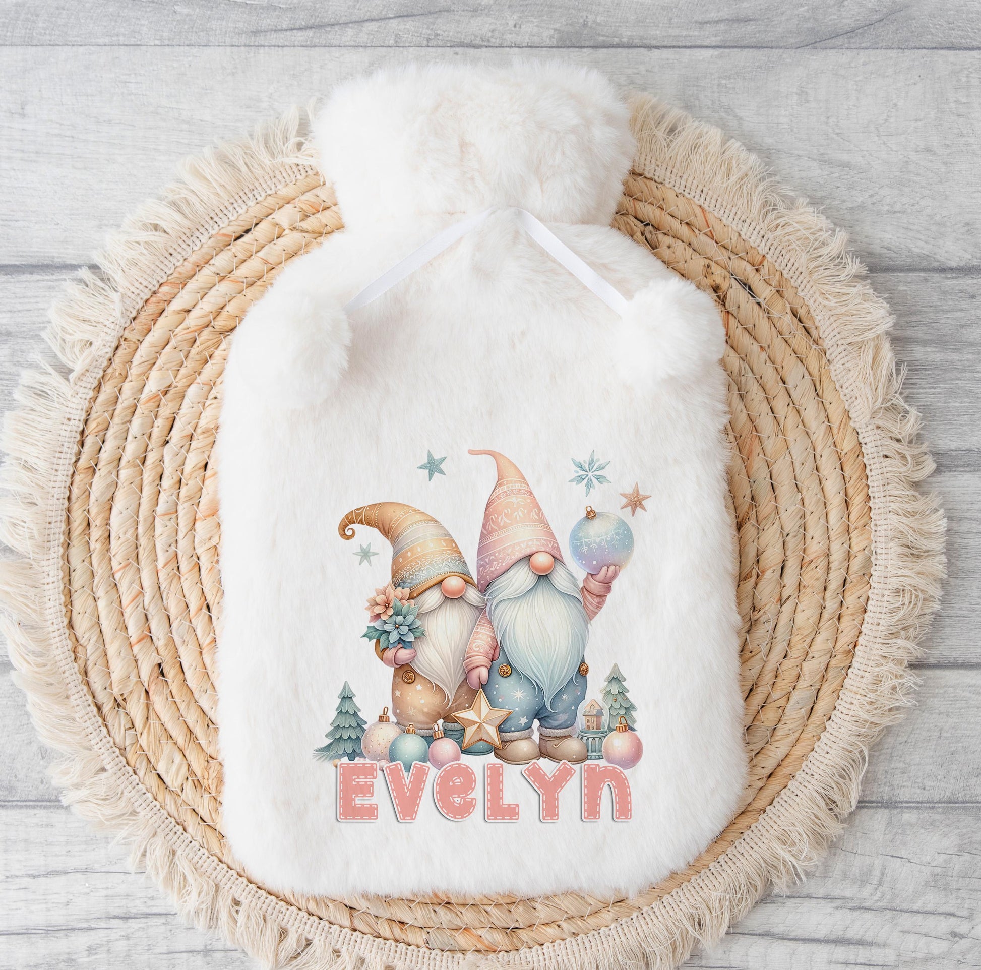 2 litre hot water bottle in a pastel Christmas gnome cover, personalised with a name, without gift box