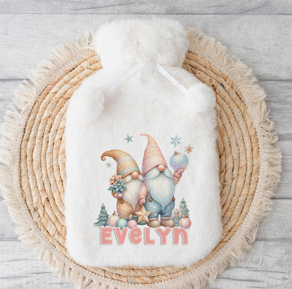 2 litre hot water bottle in a pastel Christmas gnome cover, personalised with a name, without gift box