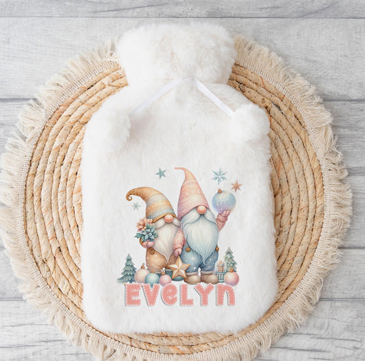 Personalised Hot Water Bottle – Pastel Xmas Gnomes – Festive Cosy Gift 2L - No thanks
