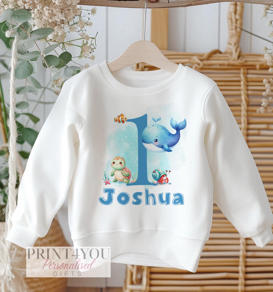Personalised First Birthday Jumper – Boys Blue Sweatshirt Under The Sea Theme - 6-12m SWEATSHIRT