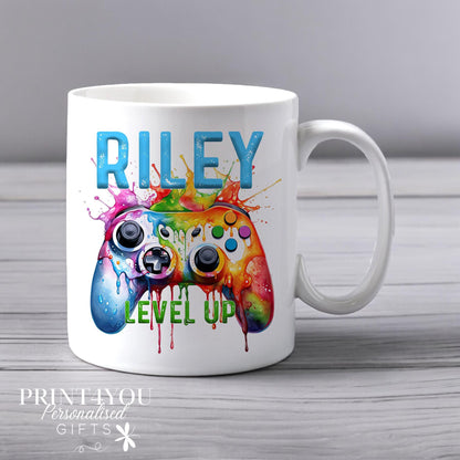 Personalised gaming controller mug shown from the side, displaying the glossy ceramic finish