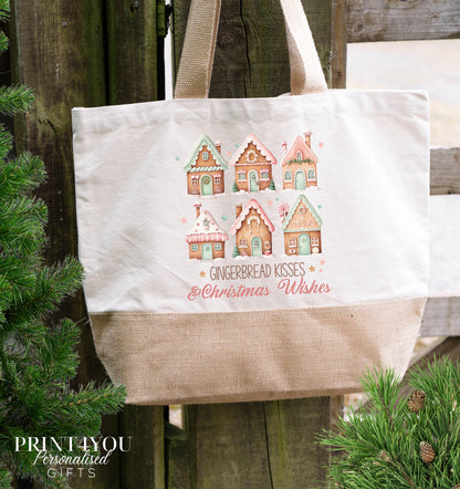 Personalised Christmas tote bag in natural cotton jute with festive Christmas graphic and custom name print