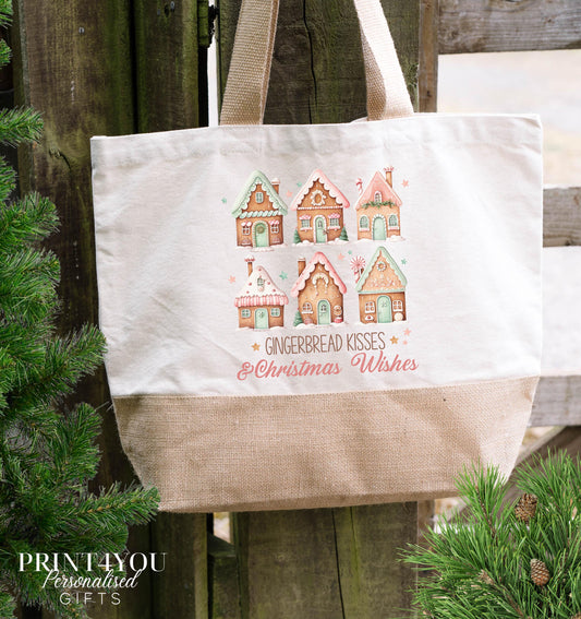 Personalised Christmas tote bag in natural cotton jute with festive Christmas graphic and custom name print