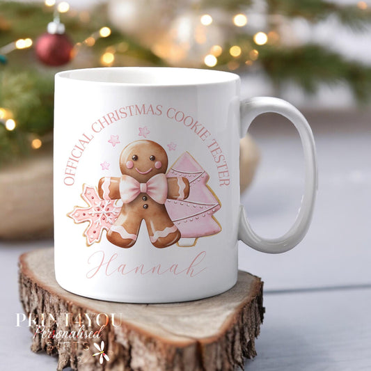 Christmas Gingerbread man Personalised Mug, Gift For Mum, Gift for Him, stocking filler gift, Official Christmas Cookie Tester - Brown