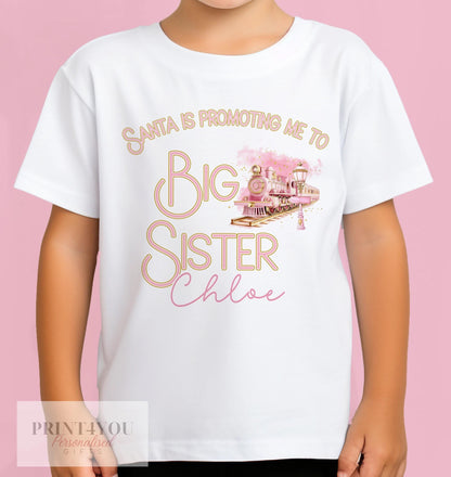 Christmas Promoted to Big Sister, Pregnancy Announcement Personalised Cotton T – Shirt, Big Sister Top, Big Sister Gift, Pink Express Train - 0-3month T-shirt