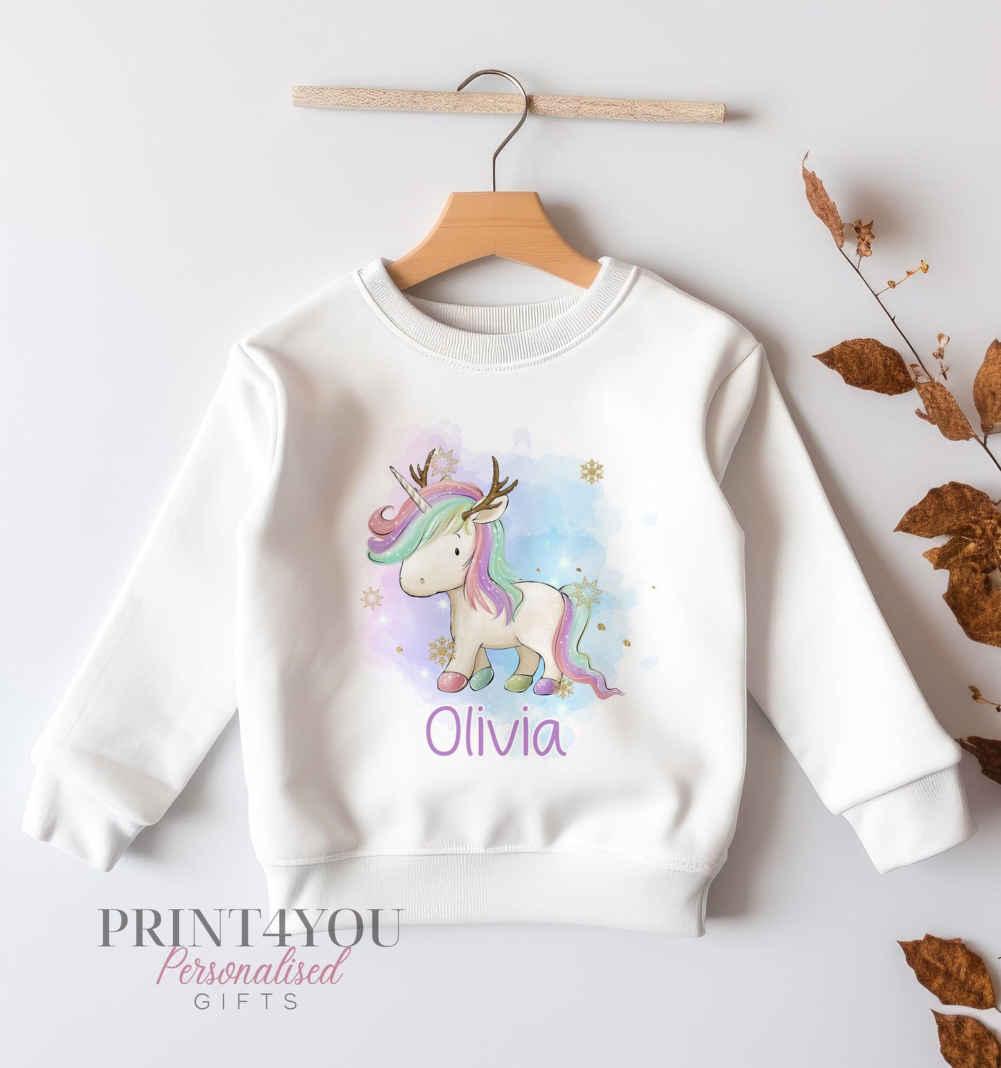 White kids Christmas sweatshirt with unicorn reindeer print, personalised with name, size 6-12 months