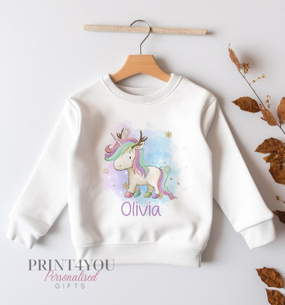 White kids Christmas sweatshirt with unicorn reindeer print, personalised with name, size 6-12 months