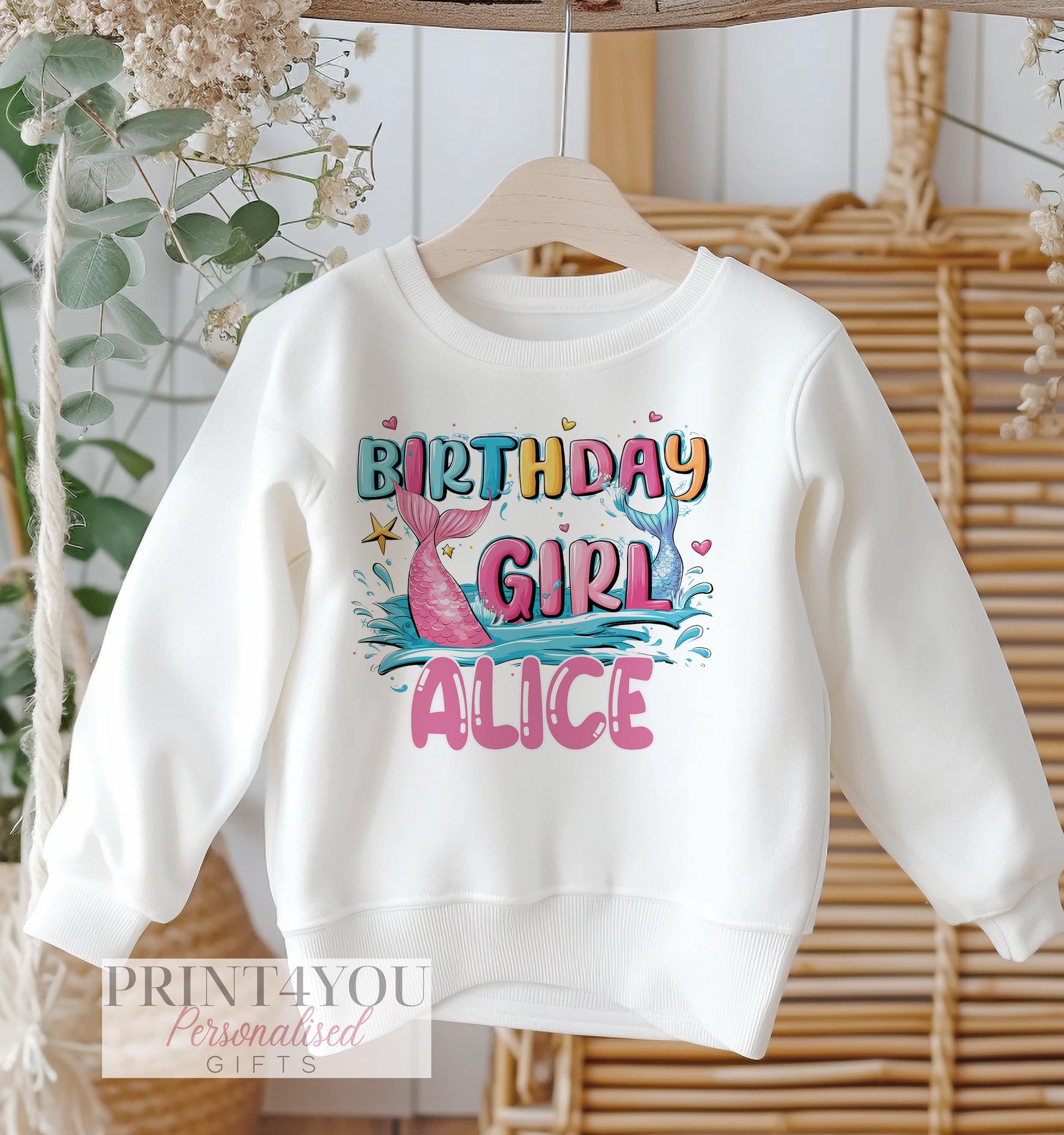 Personalised mermaid tail birthday design on a white cotton kids' sweatshirt, size 6-12 months.