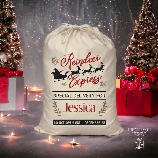Personalised Santa Sack – Custom Christmas Gift Bag – Reindeer Express Design, 70x50cm