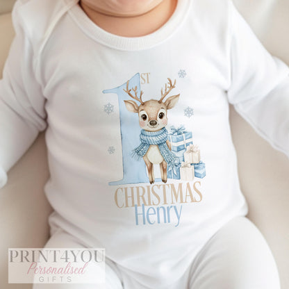 Personalised blue reindeer baby bib for baby's first Christmas, printed with a custom name