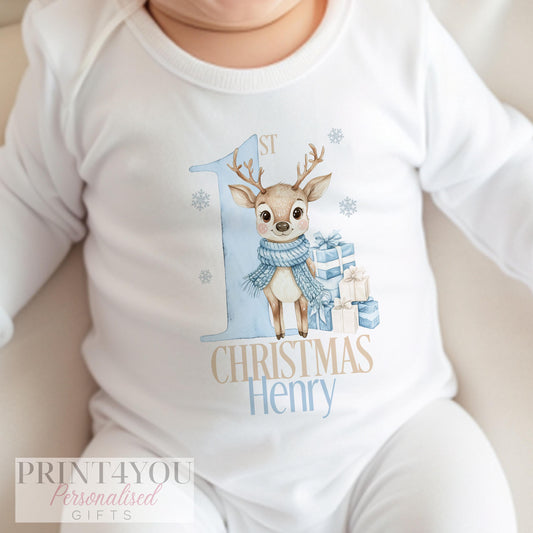 Personalised baby's first Christmas bib with blue reindeer design and custom name