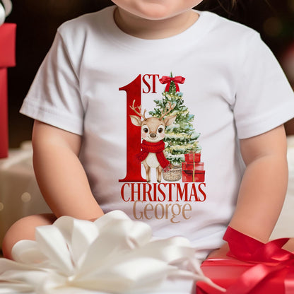 Personalised red reindeer vest for baby's first Christmas, front view showing custom name