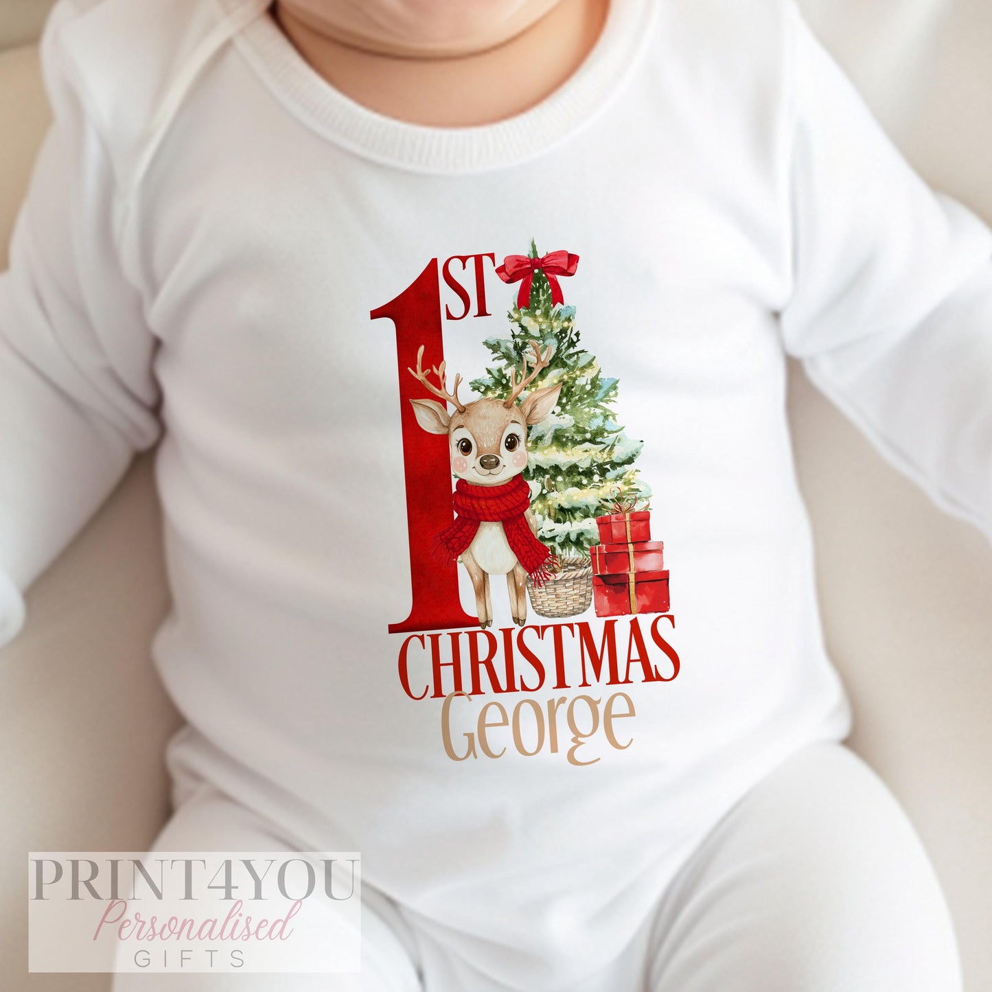 Personalised red reindeer baby bib for baby's first Christmas, printed with a custom name