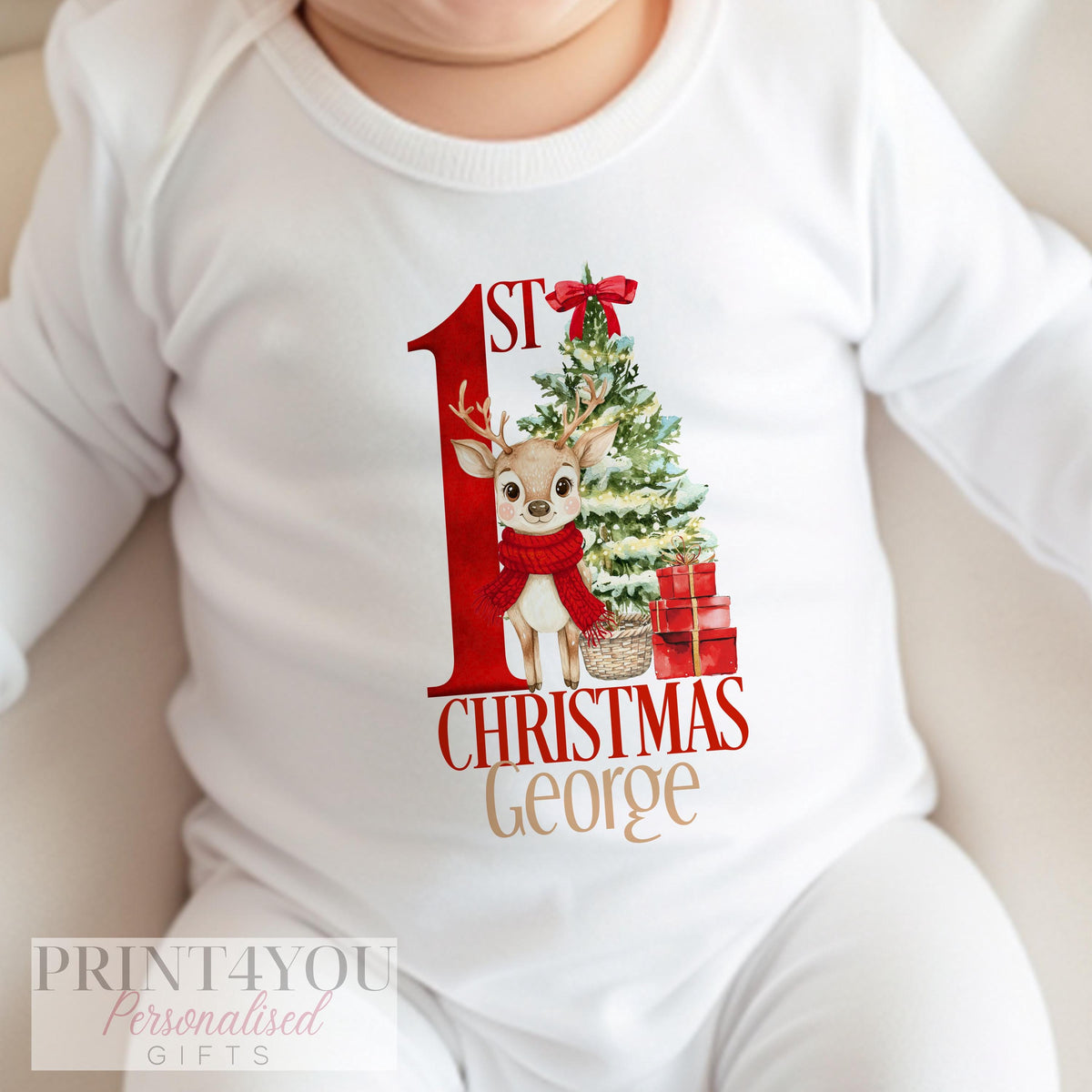 Personalised red reindeer baby bib for baby's first Christmas, printed with a custom name