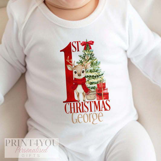 Personalised baby's first Christmas bib with red reindeer design and custom name