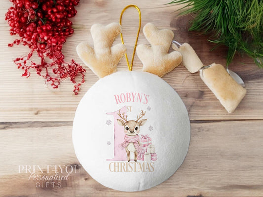 Personalised Babies First Christmas Decoration, White Plush Hanging Bauble with Gold Reindeer Antlers & Gold Hanging String. Pink Reindeer - Name only