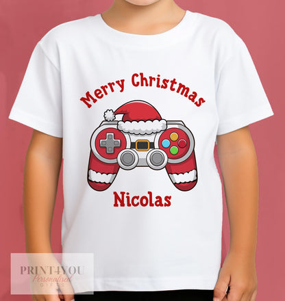 Personalised Children's Gaming Christmas T – Shirt – Xmas Controller Boys Design, Gingerbread man, Snowman, Santa, Reindeer, Elf - 0-3month T-shirt