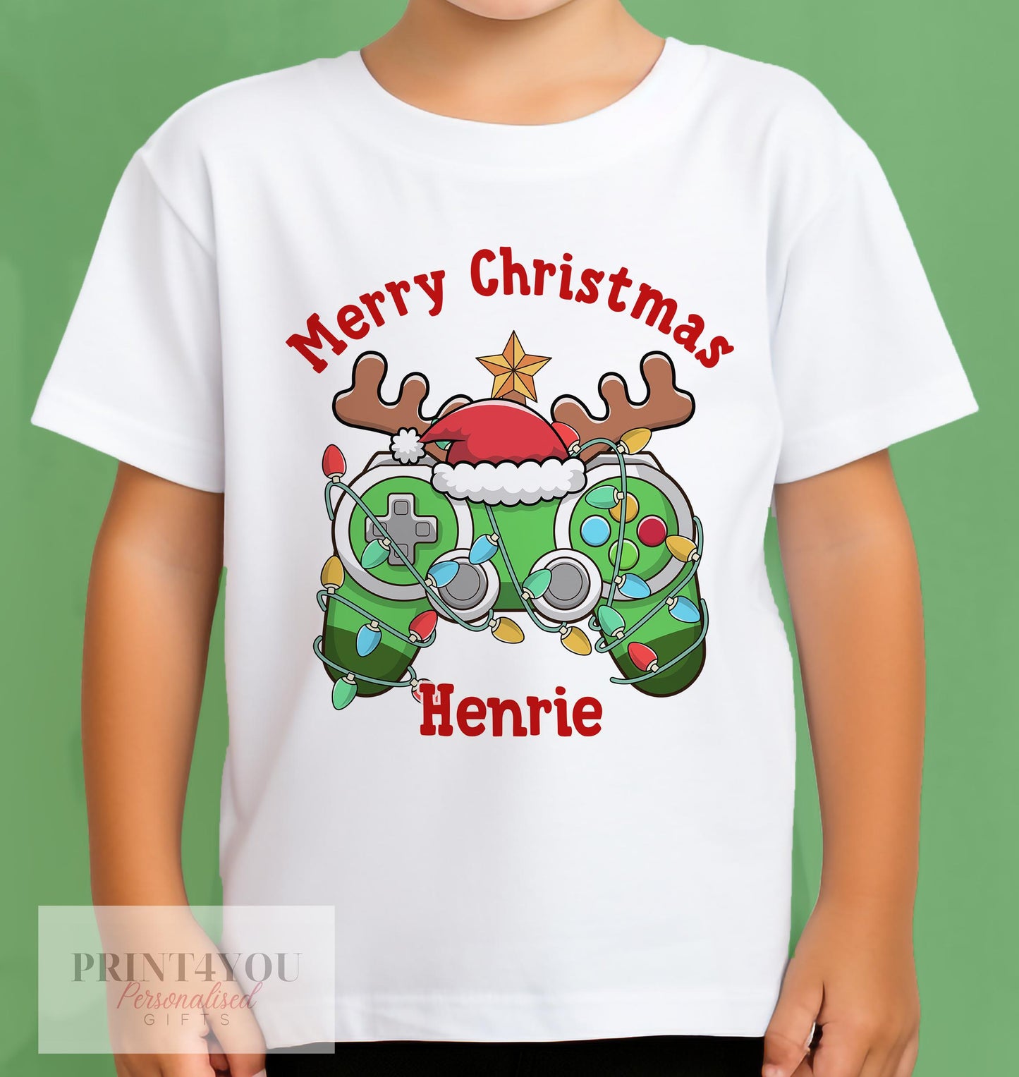 Personalised Children's Gaming Christmas T – Shirt – Xmas Controller Boys Design, Gingerbread man, Snowman, Santa, Reindeer, Elf - 0-3month T-shirt