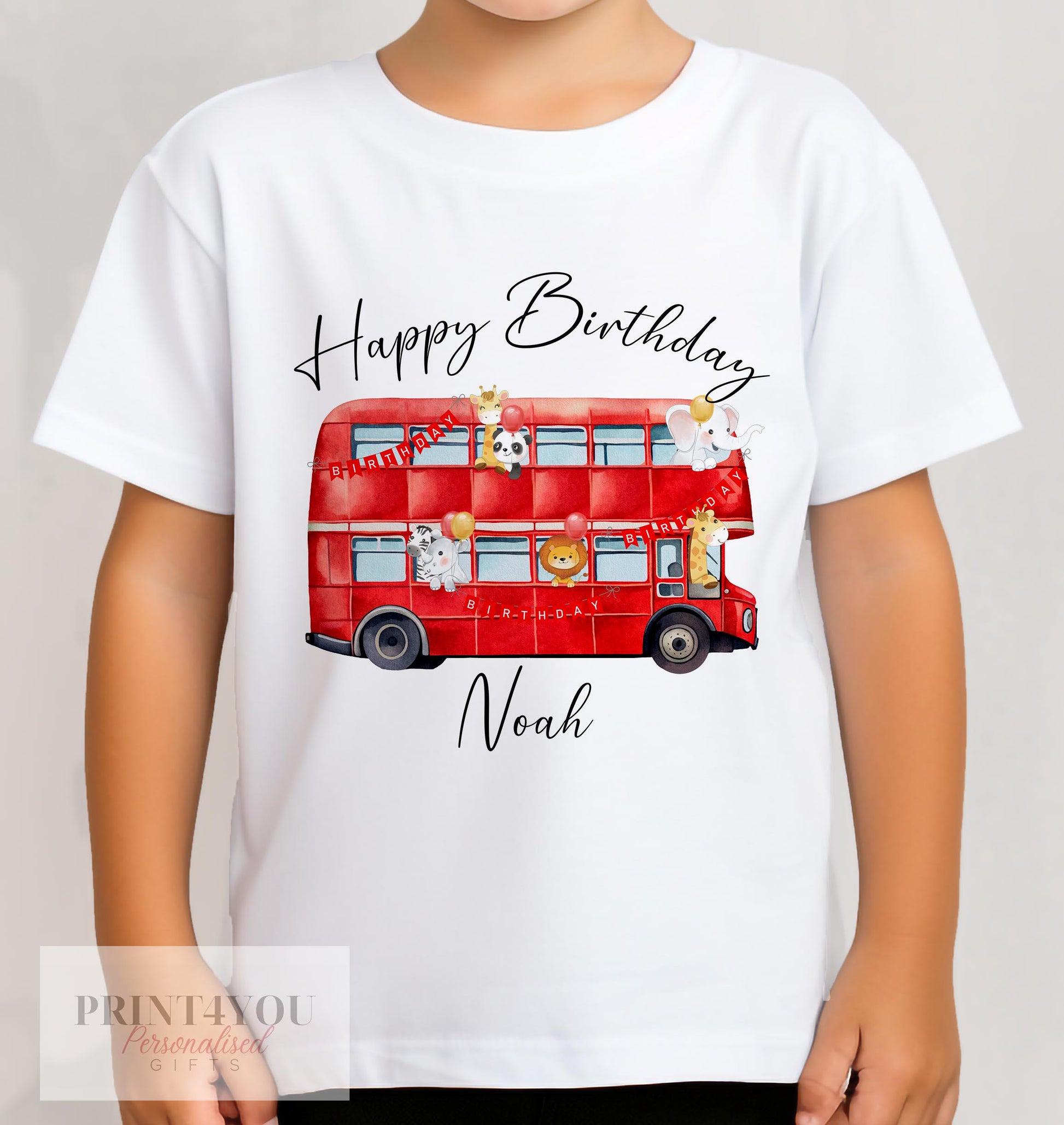 Personalised Red London Bus T – Shirt for Kids, Bus with Safari Animals, White Cotton Custom Name & Birthday Design, DTG Printed – Up to 10yrs - 6-12 months