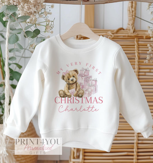 Personalised Babies First 1st Christmas Jumper. White Cotton Sweatshirt – My First Christmas Pink Teddy bear - 6-12m SWEATSHIRT