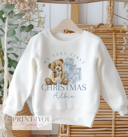White cotton baby sweatshirt with blue teddy bear and My First Christmas print, personalised with name, size 6-12 months