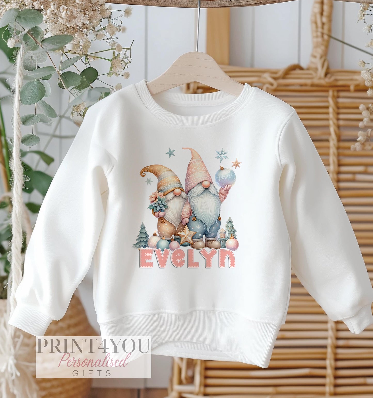 Personalised Kids White Cotton Christmas Jumper with Gmones Gonk Design - 6-12 months