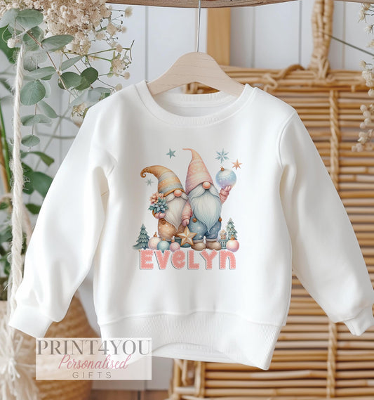 Personalised Kids White Cotton Christmas Jumper with Gmones Gonk Design - 6-12 months