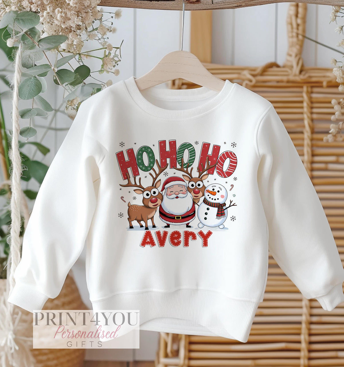 Personalised White Cotton Christmas Jumper for Kids – Santa Ho Ho Ho Design for Xmas Jumper Day - 6-12 months