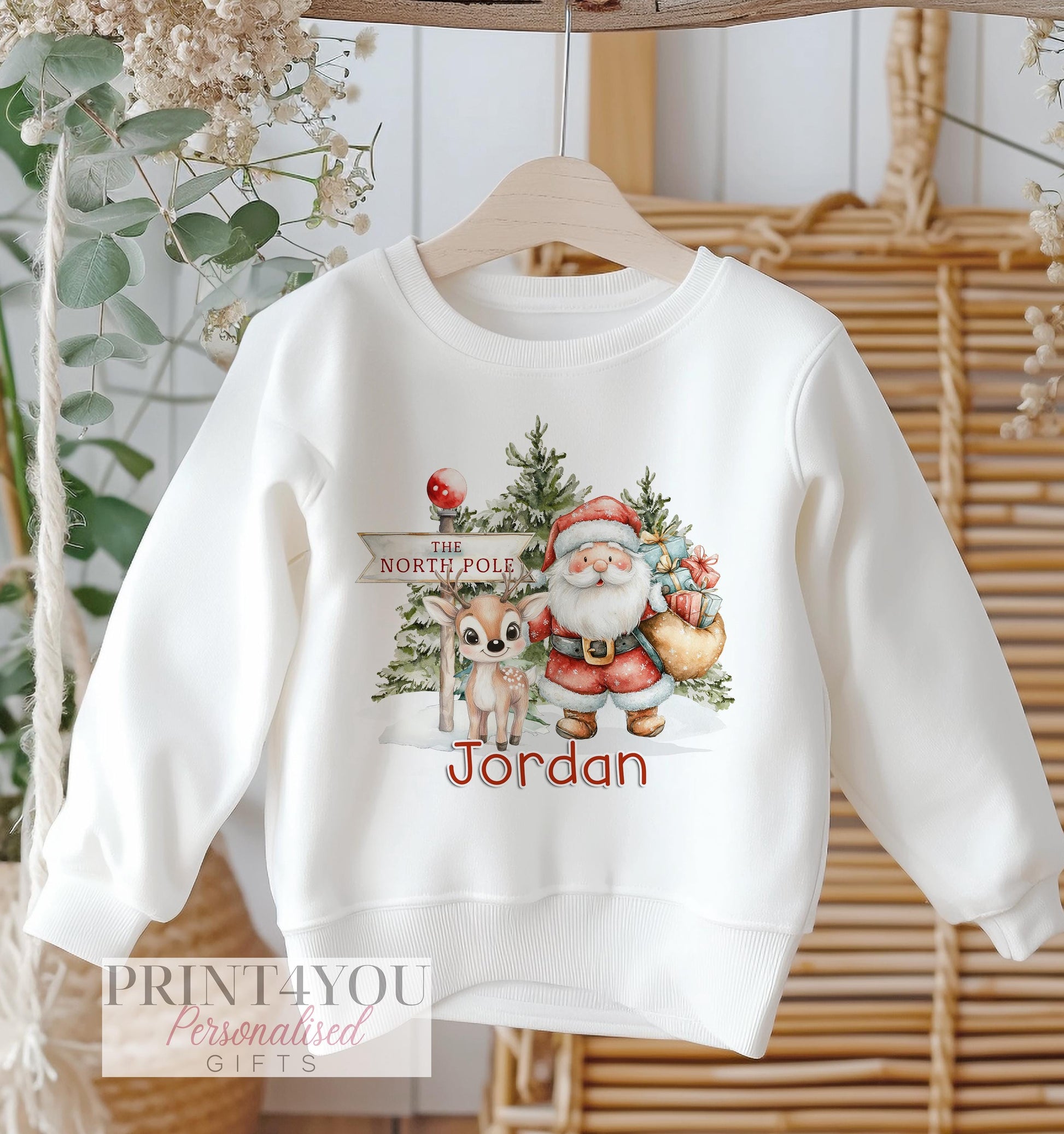 Personalised Christmas Jumper – White Cotton Sweatshirt With Santa And Reindeer Design - 6-12 months