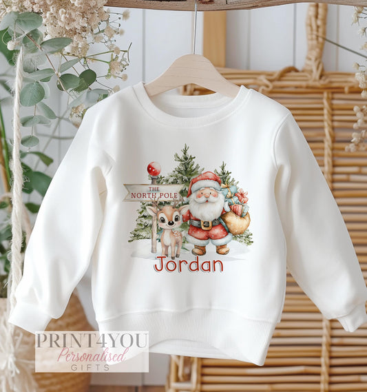 Personalised Christmas Jumper – White Cotton Sweatshirt With Santa And Reindeer Design - 6-12 months