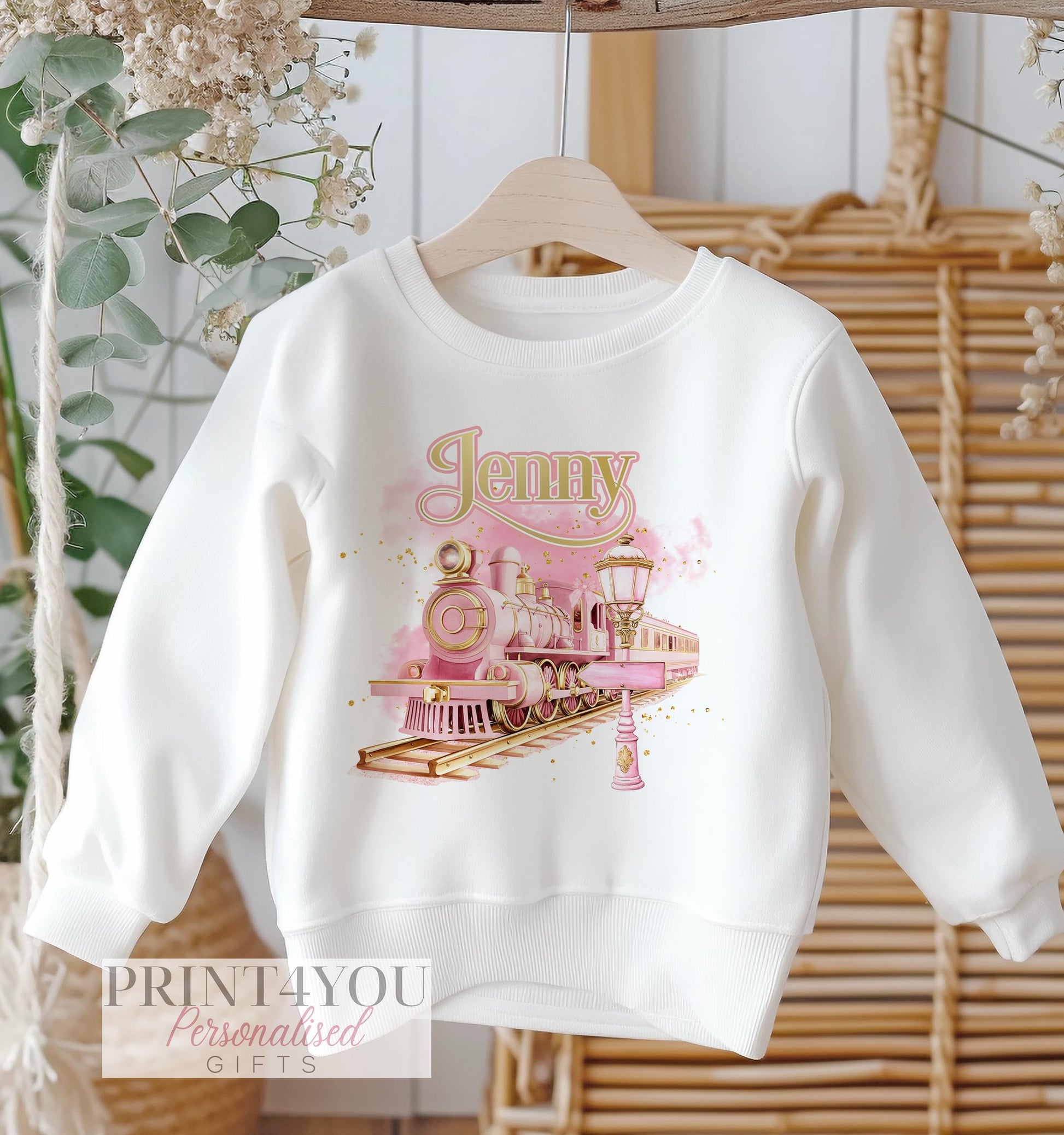 Personalised Kids White Cotton Christmas Jumper with Pink Express Train Design - 6-12 months
