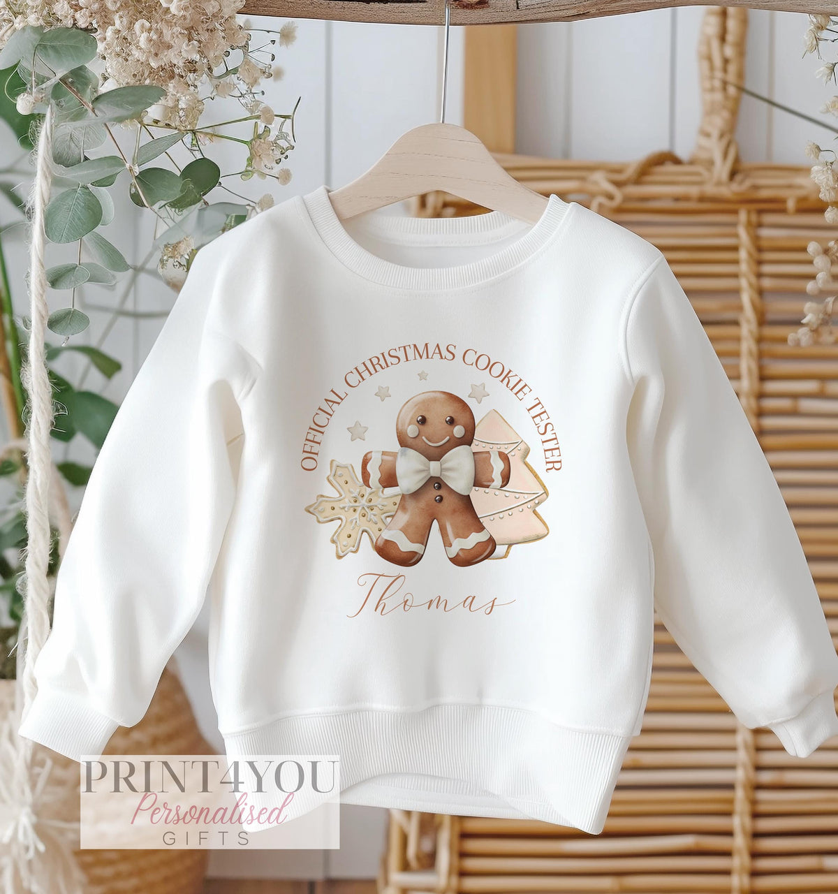 Personalised White Cotton Christmas Jumper for Kids – Brown Gingerbread Man Official Cookie Tester Design - 6-12 months