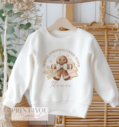 Personalised White Cotton Christmas Jumper for Kids – Brown Gingerbread Man Official Cookie Tester Design - 6-12 months