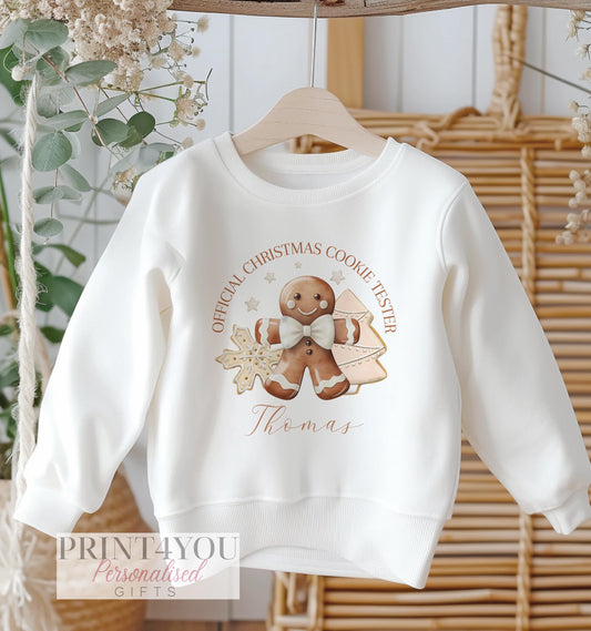 Personalised White Cotton Christmas Jumper for Kids – Brown Gingerbread Man Official Cookie Tester Design - 6-12 months