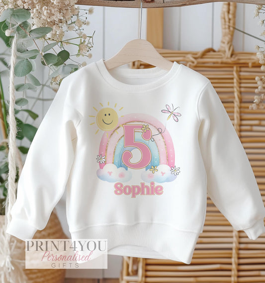 Personalised Sweatshirt Jumper For Children. White Cotton Sweatshirt – Pastel pink Rainbow Birthday Girl - 6-12 months