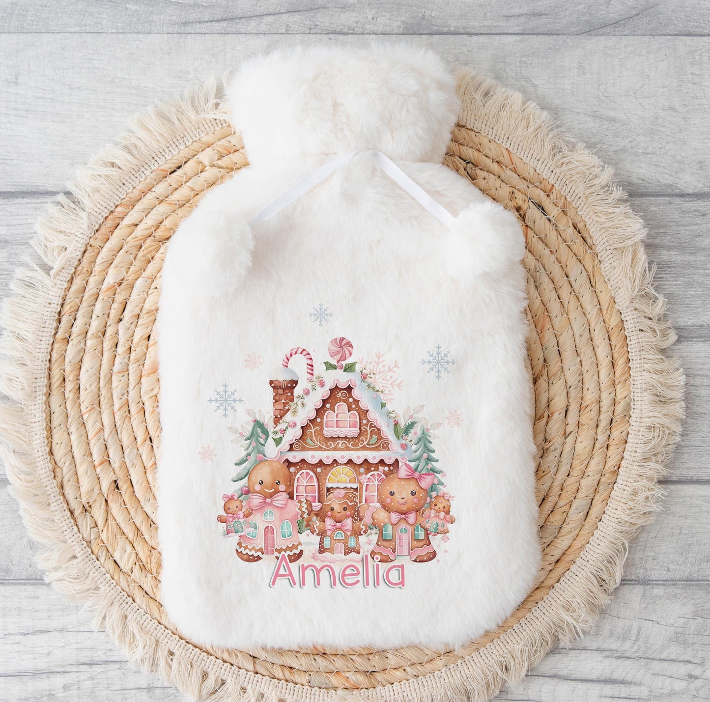 Personalised Santa and Gingerbread hot water bottle cover, No Thanks option without gift box