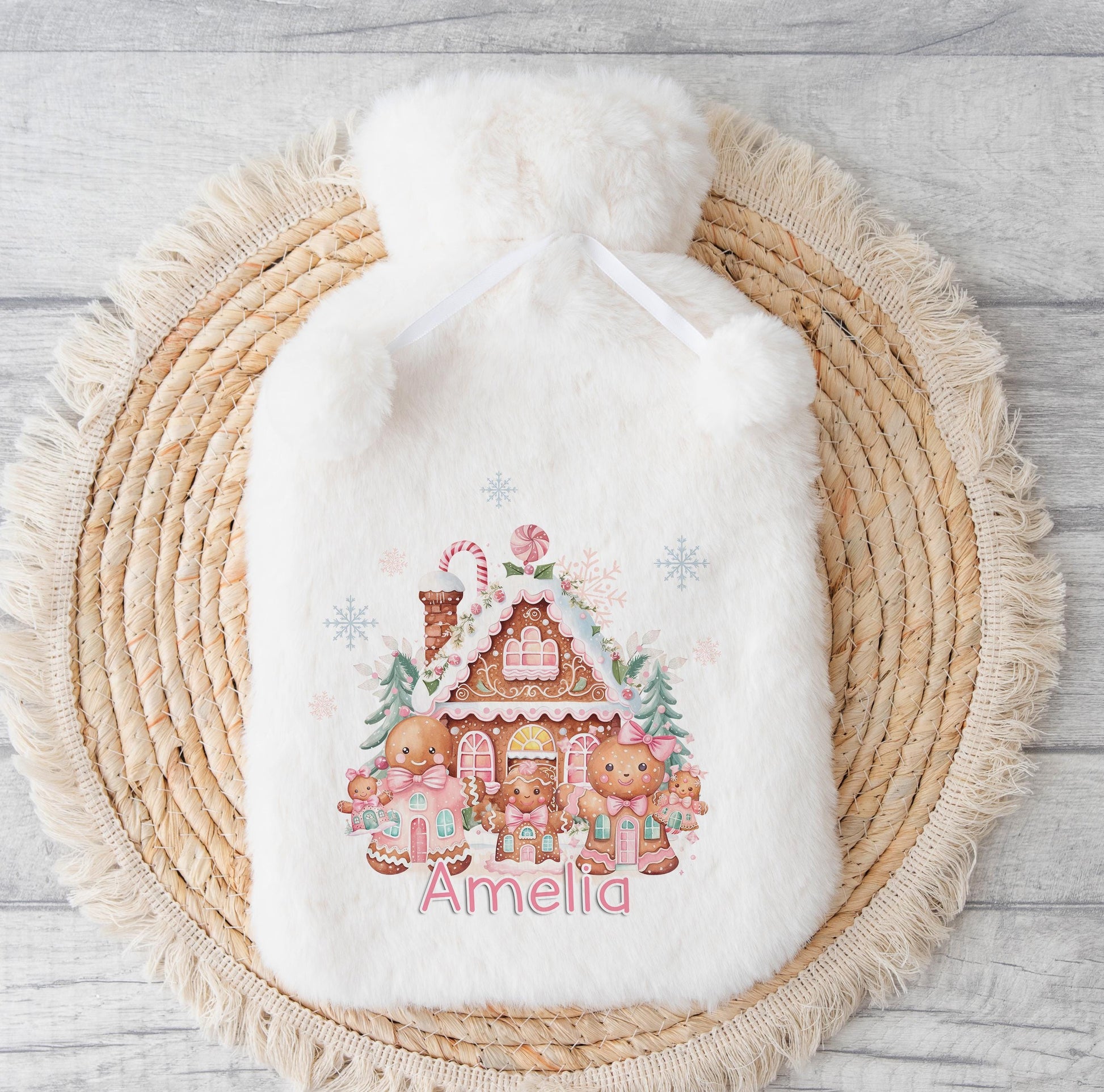 Personalised Santa and Gingerbread hot water bottle cover, No Thanks option without gift box