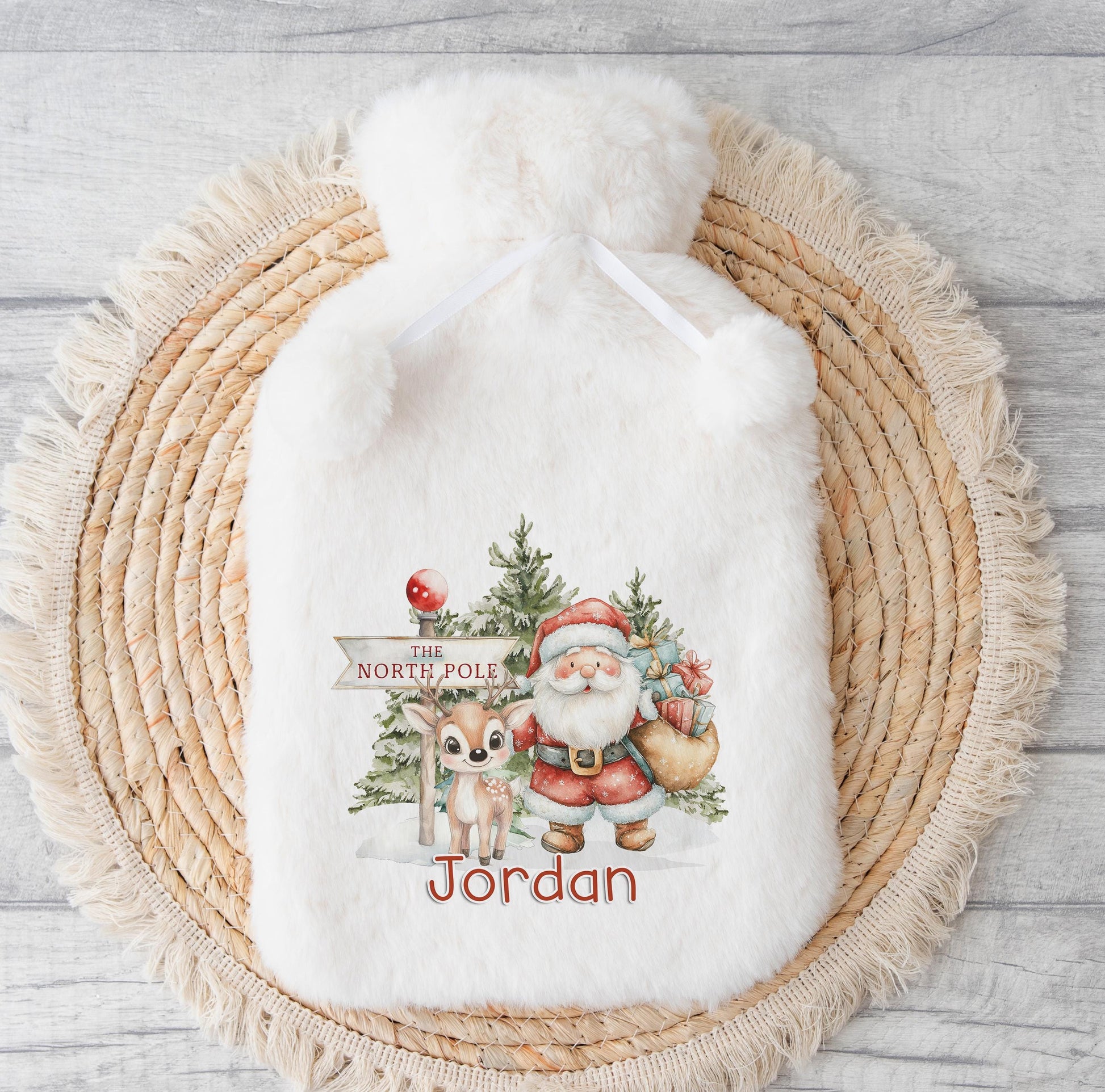 Personalised Hot Water Bottle – Christmas Reindeer Design – Fluffy Winter Warmer - No thanks