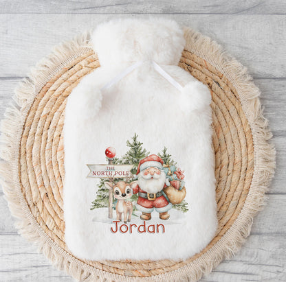 Personalised Hot Water Bottle – Christmas Reindeer Design – Fluffy Winter Warmer - No thanks