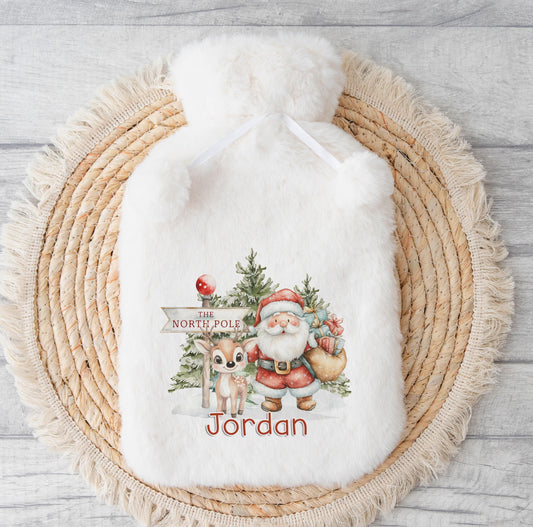 Personalised Hot Water Bottle – Christmas Reindeer Design – Fluffy Winter Warmer - No thanks