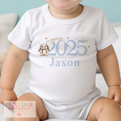 Personalised 'Born In 2025' blue bunny design baby vest for newborns.