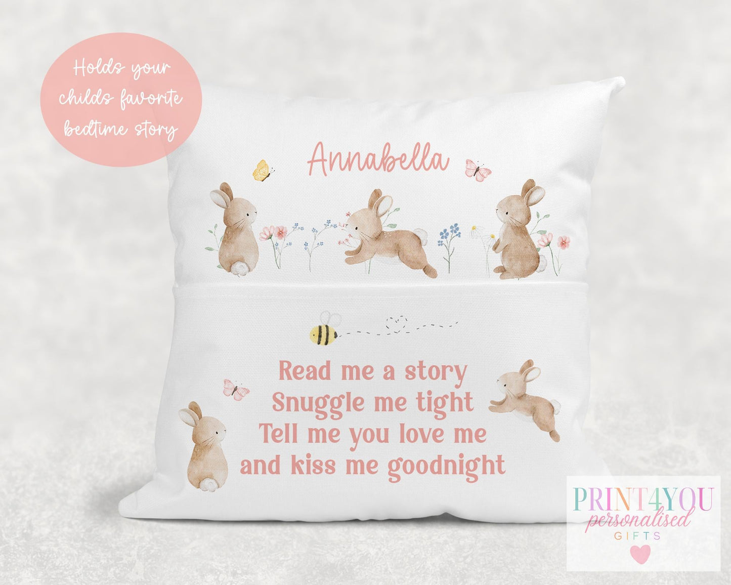 Child's bedroom styled with personalised bunny book cushion on the bed, storytime reading pillow