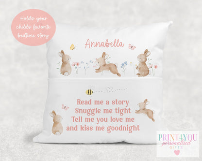 Child's bedroom styled with personalised bunny book cushion on the bed, storytime reading pillow