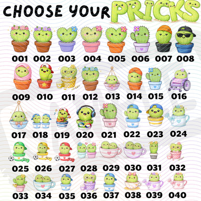 Chart of the numbered cactus character designs to choose from for personalisation