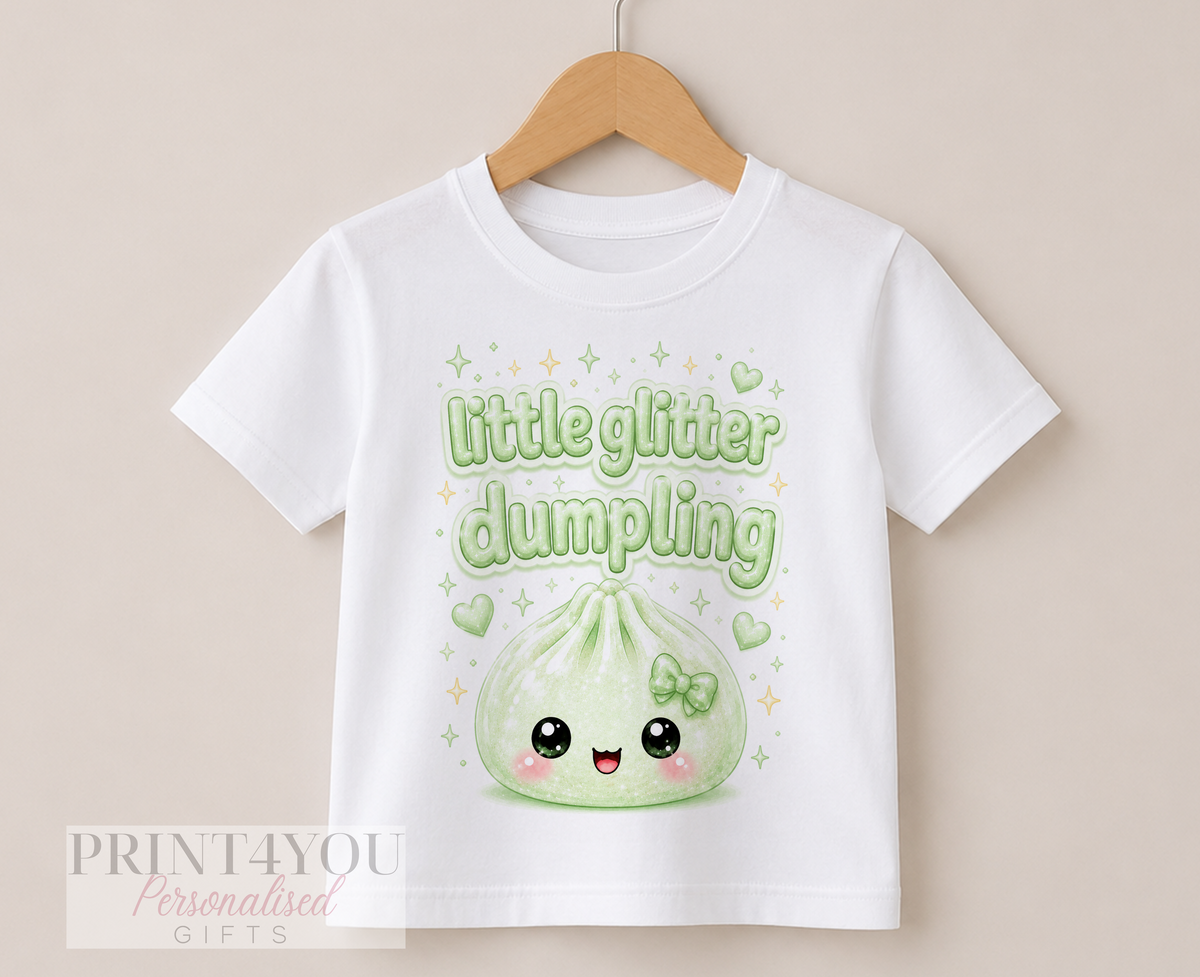 Children's clothing with the glitter dumpling t-shirt design