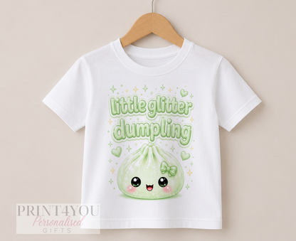 Children's clothing with the glitter dumpling t-shirt design
