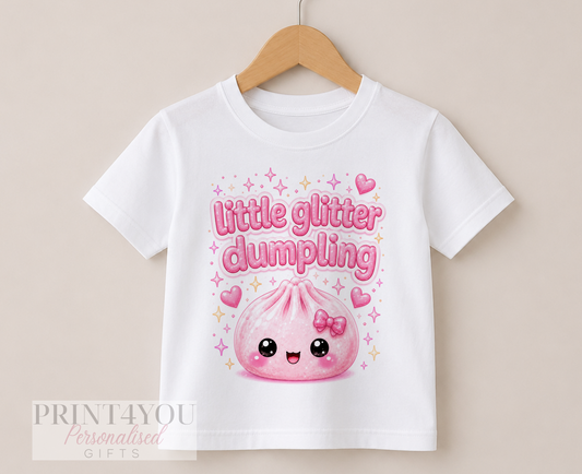 Children's clothing with the glitter dumpling t-shirt design